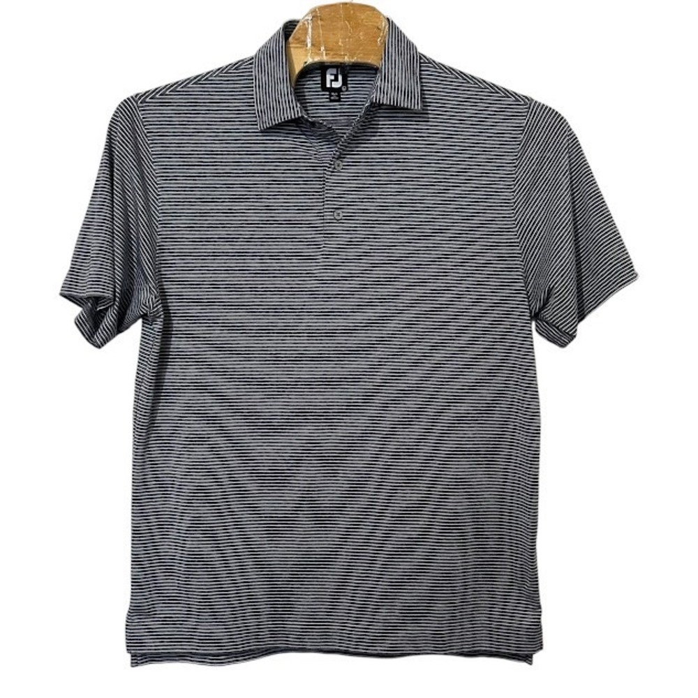 FootJoy FJ Big Logo Navy Blue White Stripe Performance Golf Polo Shirt Mens L